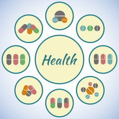 Fototapeta premium Health card. Pharmacy icons set, pills and capsules. Medicine ba