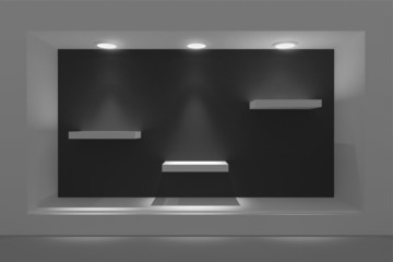 Empty storefront or podium with lighting and a big window