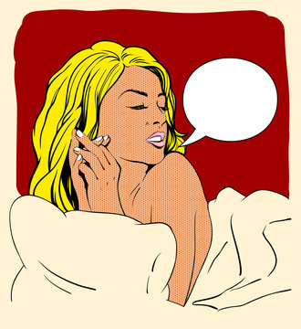 Pop Art Illustration Of Laying In Bed Woman.