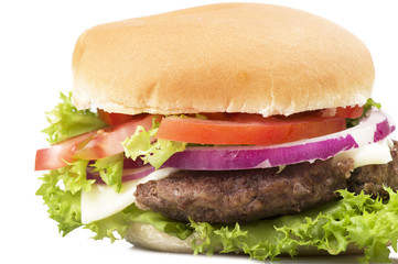 Sandwich big Hamburger close up on white