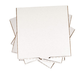 Small stack of several plain white pizza delivery boxes flat closed top lid isolated photo