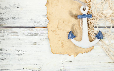 Decor of seashells, starfish and old paper