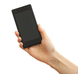 Hand holding mobile smart phone, isolated on white