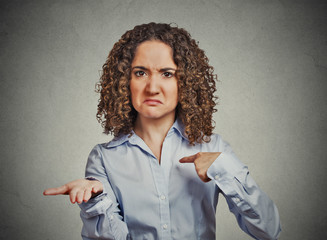 woman gesturing with hand pay back now bills money