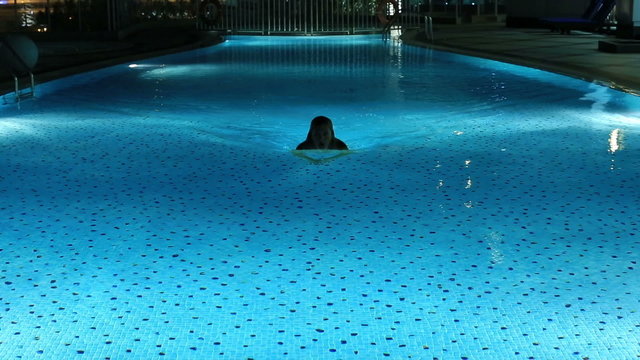 attractive blonde women swimming a luxury pool at night