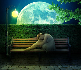 girl sitting on bench on big moon background - Powered by Adobe