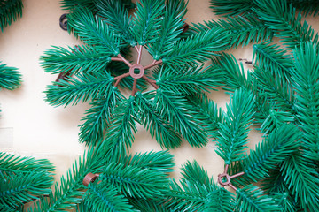 details of an artificial Christmas tree in a box top view