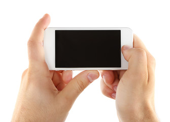 Hands holding mobile smart phone isolated on white