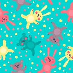 Kids seamless pattern with cute bears and hares.
