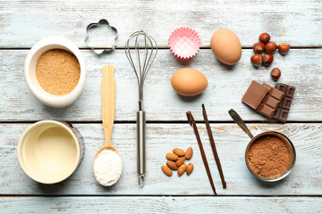 Food ingredients and kitchen utensils for cooking