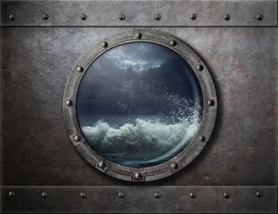 Papier Peint photo Navire vieux hublot ou fenêtre en métal de bateau avec la tempête de mer