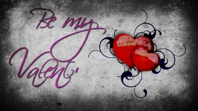 Animated purple Be my Valentine sign with beating hearts on the grey wall background