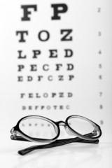 Glasses on eye chart background, close-up
