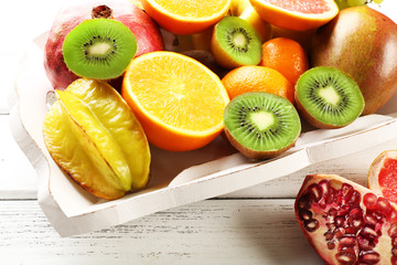Assortment of fruits on wooden table