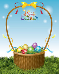 Easter Eggs in Basket and Ribbon Decorate