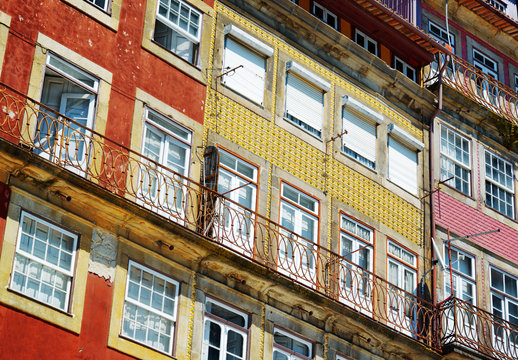 Colorful facades of old houses in Porto, Portugal.