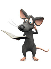Cartoon mouse reading book and looking confused.