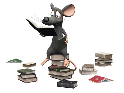 Smiling cartoon mouse sitting on a pile of books.