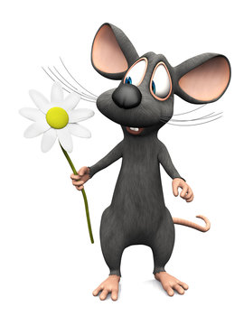 Smiling cartoon mouse holding a big flower.