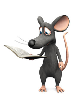 Smiling cartoon mouse reading a book.