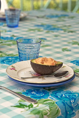 Avocado seafood starter at an open-air restaurant