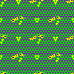 Mardi Gras geometric seamless pattern in triangles with masks.