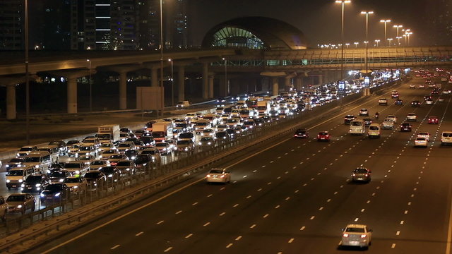 time lapse busy freeway in Dubai at night