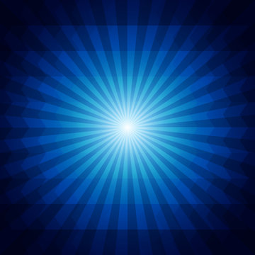 Deep Blue Dark Geometric Background With Sunburst And Triangles.