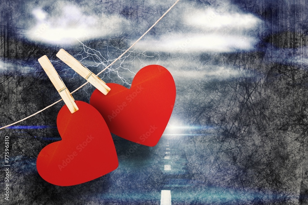 Poster composite image of hearts hanging on line