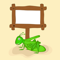 Cartoon of grasshopper with blank wooden board.