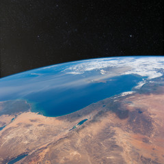 Israel, Jordan, Lebanon and Egypt from space with stars above.