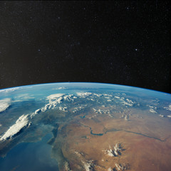 View of Turkey and Syria from space with stars above.