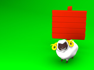 Sheep And Empty Signboard On Green Background