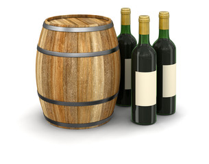 Naklejka premium wine barrel and bottle (clipping path included)