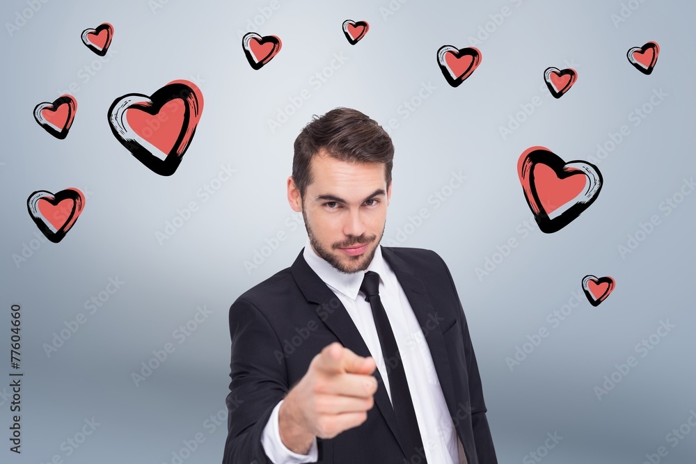 Poster composite image of smart businessman in suit pointing at camera