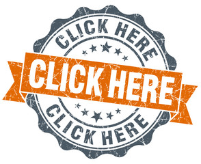 click here orange vintage seal isolated on white