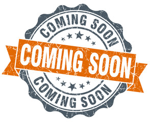 Obraz premium już wkrótce pomarańczowy pieczęć vintage na białym tle