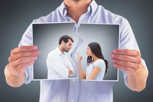 Composite image of angry couple facing off during argument