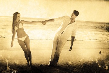 Couple holding hands and leaning to either side