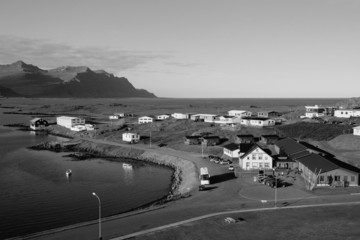 Iceland village Djupivogur. Black and white.