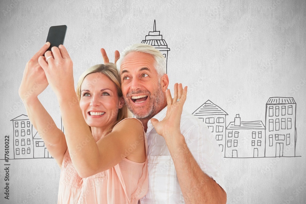 Poster composite image of happy couple posing for a selfie
