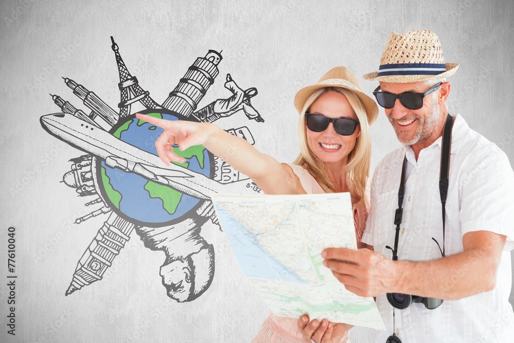 Poster Composite image of happy tourist couple using map and pointing
