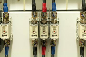 Electrical panel with fuses and contactors.