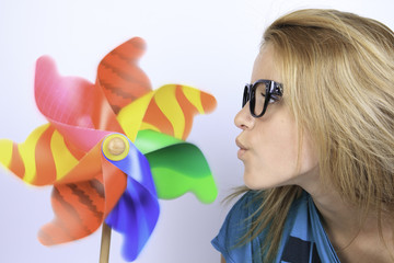 Portrait of young woman wearing striped multicolored socks