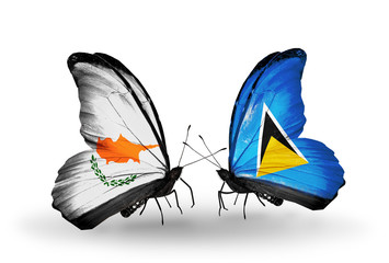 Two butterflies with flags Cyprus and Saint Lucia