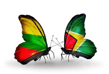 Fototapeta na wymiar Two butterflies with flags Lithuania and Guyana