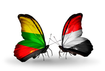 Two butterflies with flags Lithuania and Yemen