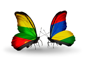 Two butterflies with flags Lithuania and Mauritius