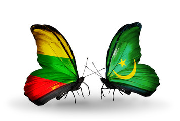 Two butterflies with flags Lithuania and Mauritania