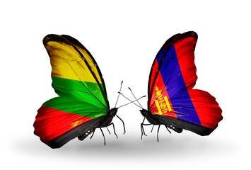 Two butterflies with flags Lithuania and Mongolia